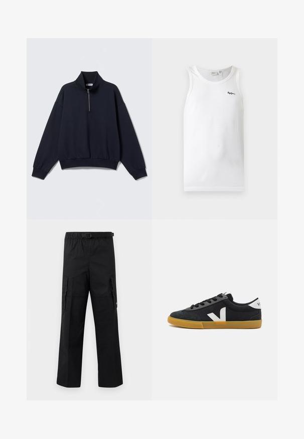 Schwarzer Langarm-Sweatshirt mit hohem Kragen und teilweisem Frontreißverschluss, gerippte Bündchen und Saum, Etikett "WEEKDAY" innen am Kragen.; Weißes ärmelloses geripptes Tanktop mit rundem Ausschnitt und kleinem schwarzem Sticklogo auf der linken Brust.; Schwarze Cargo-Hosen mit weitem Schnitt, verstellbarem Bund mit Schnalle und zwei Seitentaschen zur Aufbewahrung. Leichtes Material.; Schwarze Leinensneaker mit einer Wildlederkappe, weißem Logo-Akzent, schwarzen Schnürsenkeln und einer Gummisohle. Minimalistisches Design und niedriges Profil.