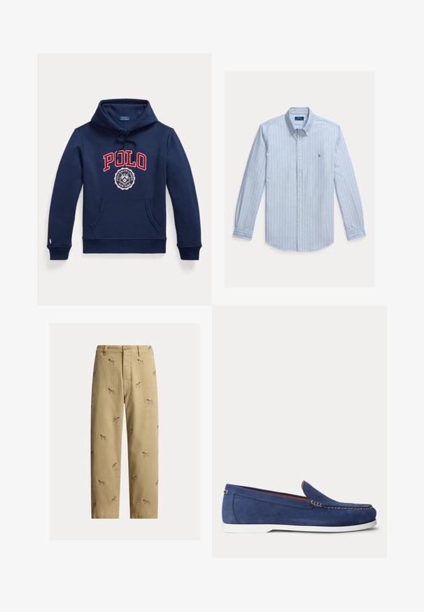 Marineblå hættetrøje med forlomme, snørejusteret hætte, rød "POLO" tekst og cirkulært Polo Ralph Lauren New York-logo på brystet.; Lyseblå langærmet skjorte med hvide lodrette striber og et lille broderet Polo Ralph Lauren-logo på brystet.; Beige fløjlsbukser med broderede hundemotiver, lige ben, fem lommer og knaplukning foran.; Blå ruskindsloafer med hvid sål og beige syninger langs den øverste kant vist mod en ensfarvet hvid baggrund.
