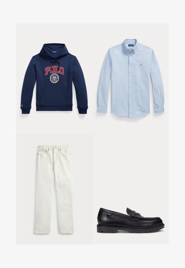Marineblaue Kapuzenjacke mit Fronttasche, Kordelzugkapuze, rotem "POLO"-Text und rundem Polo Ralph Lauren New York-Logo auf der Brust.; Hellblaues langärmliges Hemd mit weißen vertikalen Streifen und kleinem besticktem Polo Ralph Lauren Logo auf der linken Brust.; Weiße Denim-Jeans mit geradem Schnitt, ausgestattet mit fünf Taschen, Metallknöpfen und Ziernähten entlang der Nähte. Glatte Textur.; Schwarzer Lederloafer mit dicker Profilsohle und kleinem grünen "Polo"-Etikett an der Außenseite nahe der Ferse.