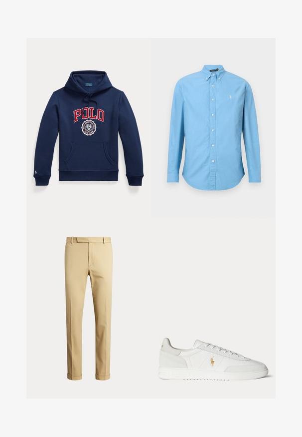 Sudadera con capucha azul marino con bolsillo delantero, capucha con cordón, texto rojo "POLO" y logo circular de Polo Ralph Lauren New York en el pecho.; Camisa de botón de manga larga azul claro. Tejido de algodón, cuello de botón, cinco botones en la parte frontal, con un pequeño logo amarillo en el lado izquierdo del pecho.; Pantalones beige de pierna recta con trabillas para cinturón, cremallera frontal y bajos con vuelta, mostrados sobre un fondo claro y liso.; Zapatilla blanca de caña baja con diseño de cordones, logo dorado de Polo Ralph Lauren en el lateral y suela texturizada sobre un fondo liso.