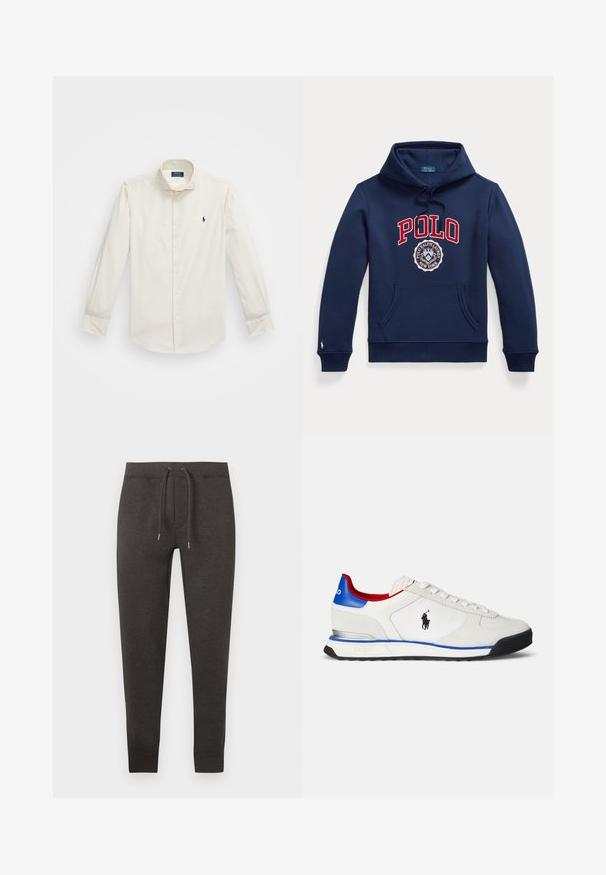 Tumesinine kapuutsiga dressipluus ees tasku, paelaga kapuuts, punane "POLO" tekst ja ümmargune Polo Ralph Laureni New Yorki logo rinnal.; Valge pika varrukaga särk, mis on valmistatud puuvillast, millel on nööbiga kaelus, üks rinna tasku ja väike tumesinine logo vasakul küljel.; Tumedat hallid spordipüksid pehmest materjalist, millel on elastne vöökoht nööriga, kitsenevad sääred ja pahkluudes mansetid.; Valge tennisejalanõu, mille ülemine osa on sileda nahast ja tekstiilist ning millel on sinised ja punased aktsendid, must tall ja väike logo küljel.
