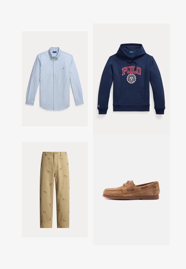 Marineblauwe hoodie met voorzak, capuchon met trekkoord, rode "POLO" tekst en cirkelvormige Polo Ralph Lauren New York-logo op de borst.; Lichtblauw overhemd met lange mouwen, witte verticale strepen en een klein geborduurd Polo Ralph Lauren-logo op de borst.; Beige ribfluwelen broek met geborduurde hondendesigns, rechte pijp, en vijfzakkenstijl met een knoopsluiting aan de voorkant.; Bruine suède mocassin met leren veters, gestikte neus en platte rubberen zool, zijaanzicht op een lichte achtergrond.