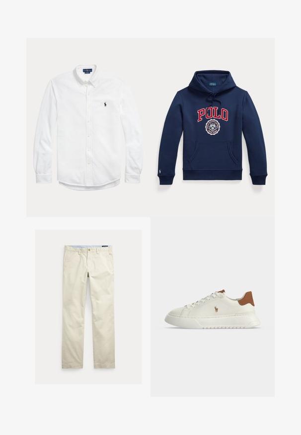 Marineblaue Kapuzenjacke mit Fronttasche, Kordelzugkapuze, rotem "POLO"-Text und rundem Polo Ralph Lauren New York-Logo auf der Brust.; Weißes langärmliges Hemd mit Knopfleiste, Button-down-Kragen und kleinem dunklem Polo Ralph Lauren Logo auf der linken Brust.; Beige Baumwollhosen mit geradem Bein, Gürtelschlaufen, vorderem Knopf, Reißverschluss und Seitentaschen.; Weißer Sneaker mit niedrigem Schaft, braunem Fersenlasche, Schnürung vorne, dicker Sohle und kleinem besticktem Pferdelogo an der Seite.