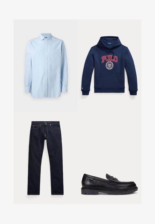 Tmavomodrá mikina s kapucňou, predným vreckom, kapucňou so sťahovacou šnúrkou, červeným textom "POLO" a kruhovým logom Polo Ralph Lauren New York na hrudi.; Svetlomodrá košeľa s dlhým rukávom a bielymi vertikálnymi pruhmi, s golierom na gombičky a gombíkmi pozdĺž prednej strany. Textúrovaná bavlnená tkanina.; Tmavomodré rifle z denimu s piatimi vreckami, medenými nitmi a kontrastným prešitím, položené na bielom pozadí.; Čierny kožený mokasín s hrubou drsnou podrážkou a malou zelenou značkou "Polo" na vonkajšej strane pri päte.