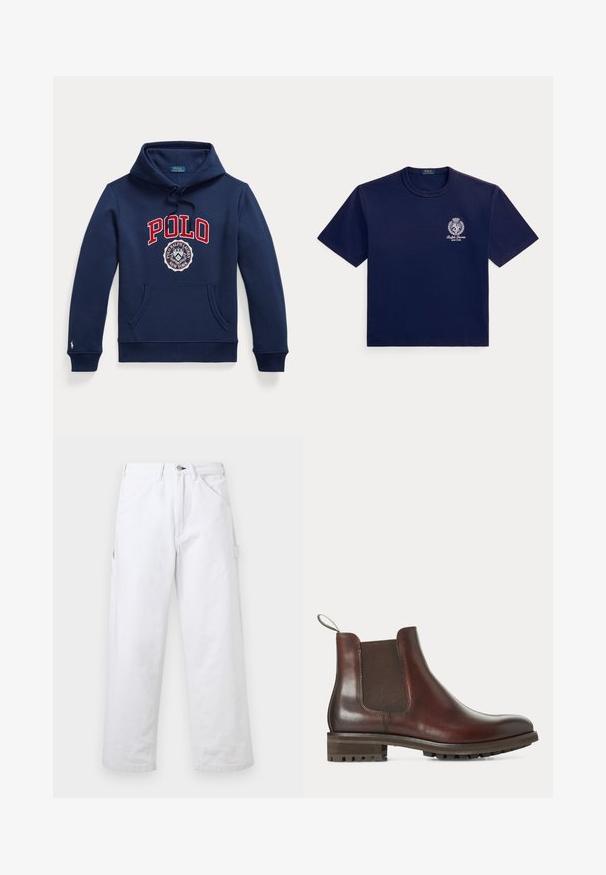 Tmavomodrá mikina s kapucňou, predným vreckom, kapucňou so sťahovacou šnúrkou, červeným textom "POLO" a kruhovým logom Polo Ralph Lauren New York na hrudi.; Tmavomodré tričko s krátkym rukávom a okrúhlym výstrihom s malým bielym logom štítu Ralph Lauren na ľavej strane hrude.; Biele nohavice s vysokým pásom a rovnými nohavicami, s pútkami na opasok, prednými vreckami, zapínaním na gombíky a bočným úžitkovým vreckom na jednofarebnom pozadí.; Hnedá kožená Chelsea čižma s elastickým bočným panelom, sťahovacou pútkom na päte a hrubou gumovou podrážkou so vzorom.