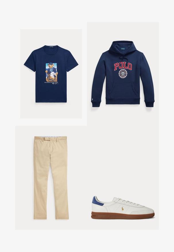 Sweat à capuche bleu marine avec poche avant, capuche à cordon, texte rouge "POLO" et logo circulaire Polo Ralph Lauren New York sur la poitrine.; T-shirt bleu marine avec un motif représentant un ours vêtu d’une veste rayée, d’un pantalon blanc et d’une casquette, assis sur une chaise sur le pont d’un bateau.; Pantalon beige à jambes droites avec passants de ceinture et braguette zippée à l'avant, posé à plat sur un fond blanc.; Baskets basses blanches avec semelle marron, languette de talon bleue, lacets et logo Polo Ralph Lauren doré sur le côté.
