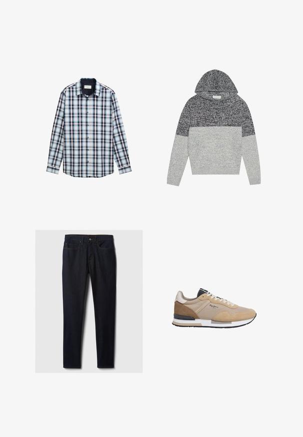 Pullover hoodie i en blandet grå og sort strik med en hyggelig tekstur, der har en bred halsudskæring, lange ærmer og en justerbar hætte.; Langærmet ternet skjorte i blå, hvid og burgunder farver. Fremstillet af letvægtigt stof med knap-Down krave og knapper foran.; Mørkeblå denim jeans med lige ben-design, der har forlommer, en metallisk knaplukning og kontrasterende gul syninger.; Beige og brun ruskind og stof sneaker med hvide snørebånd, sort og hvid sål og "Pepe Jeans" logo på siden.