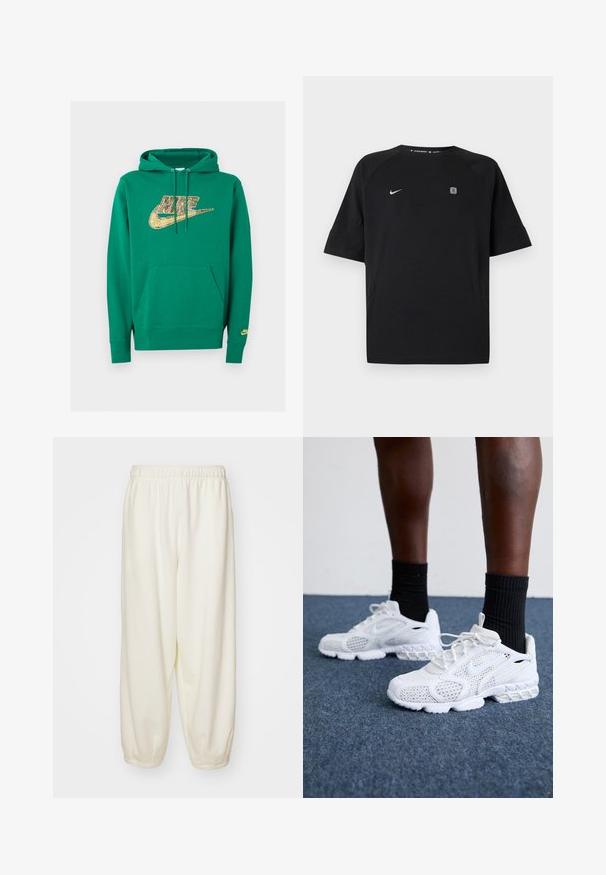 Groene Nike hoodie met voorzak en gouden pixelachtig Nike-logo op de borst en klein logo op de linkermouwboord.; Zwart Nike sportshirt met korte mouwen met wit swoosh-logo op de linkerborst en klein vierkant embleem op de rechterborst, effen achtergrond.; Crème-kleurige sweatpants van zachte stof, met een elastische tailleband en taps toelopende manchetten, in een comfortabele pasvorm zonder zichtbare patronen.; Witte sportieve schoenen met een bovenkant van mesh, gemêleerde accenten en een gevoerde zool. Samengesteld met zwarte geribde enkelsokken op een blauwe tapijtvloer.