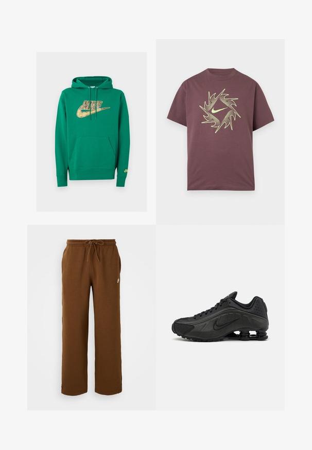Zelená mikina Nike s kapucňou s predným vreckom a zlatým pixelovým logom Nike na hrudi a malým logom na ľavom manžetovom rukáve.; Krátke rukávy vínovočervené tričko s neónovo žltým abstraktným ostnatým kruhovým vzorom a centrálnym logom Swoosh na hrudi.; Hnedé tepláky vyrobené z mäkkého materiálu, s elastickým pásom na šnúrku, bočnými vreckami a bielym logom na ľavej strane.; Čierne bežecké topánky s hladkým syntetickým zvrškom, perforovanými akcentmi, textúrovanými bočnými panelmi a výraznou pružnou podrážkou.
