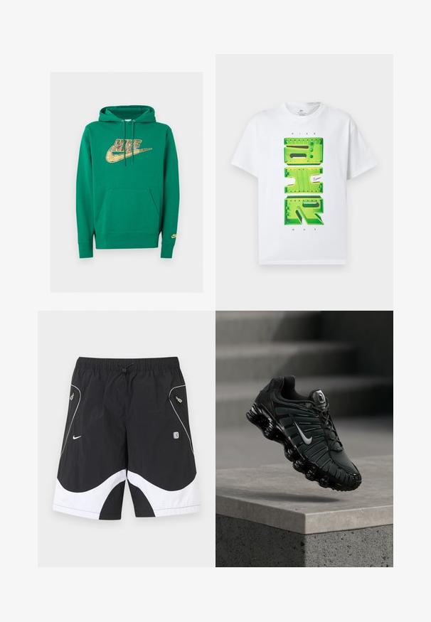Sweat à capuche Nike vert avec poche avant et logo Nike pixellisé doré sur la poitrine et petit logo sur le poignet gauche.; T-shirt blanc à manches courtes avec un grand texte 3D "AIR" vert et un petit logo Nike Swoosh noir au centre de l'avant.; Shorts de sport Nike noir et blanc avec taille élastique, cordon de serrage, poches latérales zippées et garniture réfléchissante sur les panneaux avant.; Chaussure de course Nike noire et gris foncé avec logo swoosh blanc suspendue au-dessus d'un rebord en béton, avec des escaliers en arrière-plan.