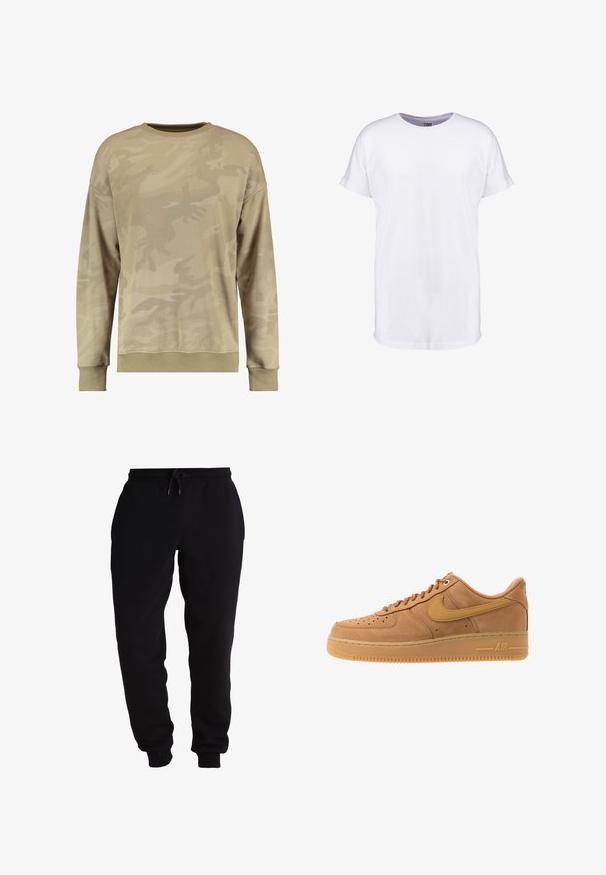 Khaki sweatshirt met een subtiel camouflagepatroon. Lange mouwen met geribde manchetten en zoom, gemaakt van een zachte stof.; Witte katoenen t-shirt met korte mouwen, ronde halslijn en een comfortabele pasvorm. Glad textuur en geen zichtbare patronen of ontwerpen.; Zwarte sweatpants van zachte stof, met een elastische tailleband en een trekkoord, taps toelopende pijpen en zijvakken.; Nike Sportswear AIR FORCE 1 07 - Sneakers laag - flax/wheat/light brown/black/team gold