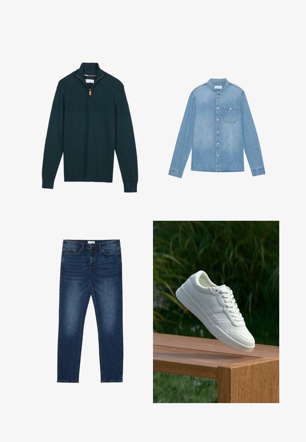 Pull en vert foncé avec un col montant, fermeture éclair mi-hauteur, motif en maille texturée sur le haut et corps en maille lisse. Manches longues et poignets côtelés.; Chemise en denim bleu clair à boutons, manches longues, col pointu, poche poitrine unique et décoloration subtile sur le tissu.; Jean slim-fit bleu foncé avec des détails délavés, design classique à cinq poches, fermeture à bouton et passants de ceinture.; Baskets en cuir blanc avec une texture lisse, présentant un design perforé, un laçage classique et une semelle en caoutchouc, positionnées au-dessus d'une surface en bois.