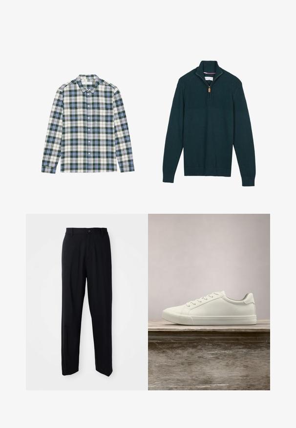 Mørk teal sweater med høj krave, halv lynlås lukning, tekstureret strikkemønster på toppen og glat strik på kroppen. Lange ærmer og ribbede manchetter.; Grøn og hvid skotskternet skjorte med blå detaljer, der har knapkrave, lange ærmer og en brystlomme. Lavet af blødt stof.; Sorte lige bukser med bæltestropper, knaplukning og et slankt, minimalistisk design på en neutral baggrund.; Hvide snørresneakers svævende over en træbænk med grønne planter i baggrunden, der fremhæver skodesign og tekstur.