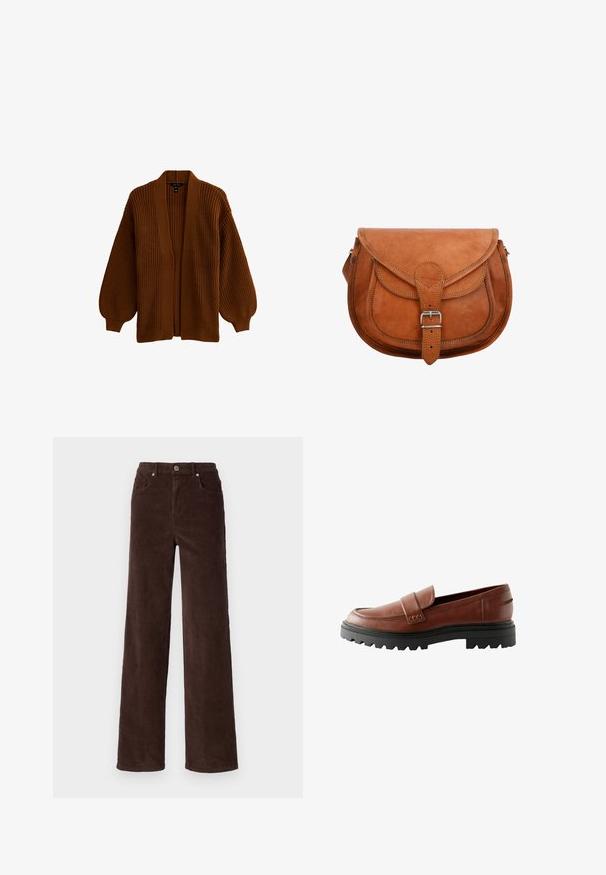 Cardigan marrón de punto con escote en V profundo, mangas anchas y textura acanalada. Frontal abierto sin cierres, con un diseño de corte holgado.; Vero Moda VMTESSA WIDE PANTS - Pantalones - chocolate torte; Mocasines de cuero marrón con puntera elevada, tira decorativa y suela de goma negra texturizada con un prominente dibujo.; Bolso bandolera de cuero marrón con solapa y cierre de hebilla, costuras detalladas y correa de hombro ajustable sobre un fondo blanco.
