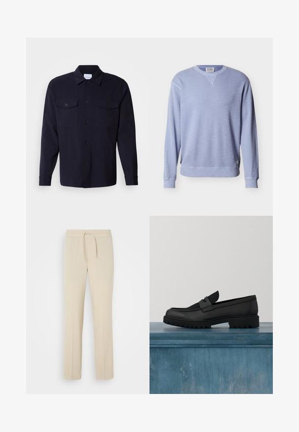 Sudadera de manga larga y cuello redondo en azul claro, con puños y dobladillo acanalados y una pequeña etiqueta de la marca en el lateral inferior.; Chaqueta de camisa azul marino hecha de una tela suave, con dos bolsillos en el pecho, un frente abotonado y mangas largas con puños abotonados.; Pantalones beis con cintura elástica y cordón. Presentan piernas rectas y una textura suave, adecuados para el uso casual o para relajarse.; Zapato negro de cuero tipo slip-on con un detalle de tela texturizada, suela de goma resistente y acabado suave. Presenta un detalle sutil de costuras.