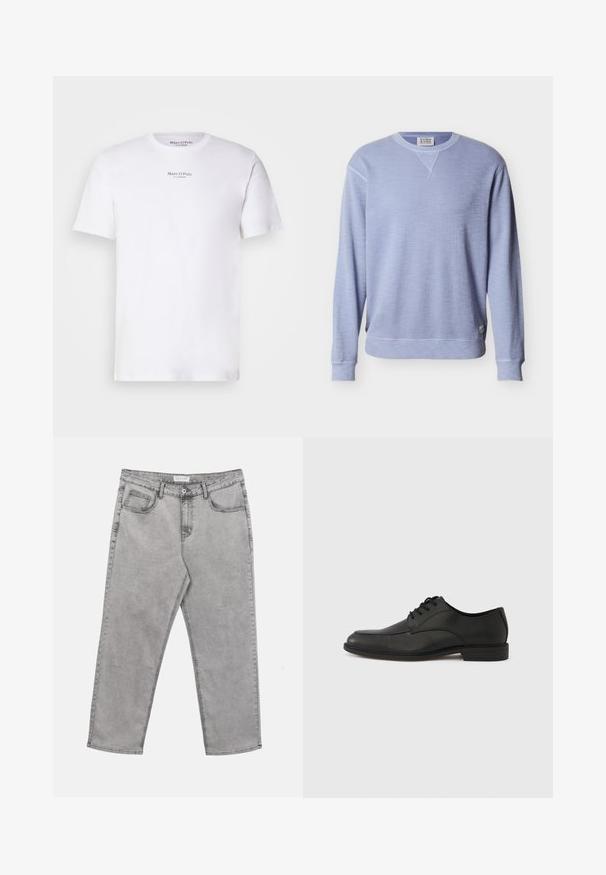 Sudadera de manga larga y cuello redondo en azul claro, con puños y dobladillo acanalados y una pequeña etiqueta de la marca en el lateral inferior.; Camiseta blanca de manga corta de algodón con cuello redondo. Presenta el logo "Marc O'Polo" en negro en el pecho. Textura suave, diseño minimalista.; Vaqueros de mezclilla gris claro con botón y cremallera delanteros, trabillas para cinturón y cinco bolsillos, colocados planos sobre un fondo blanco.; Zapato de cuero negro con cordones, acabado liso, punta redondeada y tacón bajo de goma. Presenta detalles sutiles de costura en la parte superior.