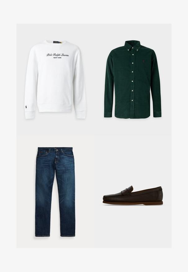Biela mikina s dlhým rukávom s vyšitým "Polo Ralph Lauren New York" na hrudi a malým čiernym logom na ľavom manžete.; Tmavozelená košeľa s dlhými rukávmi na gombíky s gombíkovým golierom a malým vyšívaným logom na ľavej strane hrude.; Tmavomodré riflové nohavice s jemným vyblednutím na stehnách a vreckách, zapínaním na gombík a zips a dizajnom s piatimi vreckami, rozložené na bielom pozadí.; Tmavohnedý kožený mokasín s plochou podrážkou a pleteným remienkom na vrchu, zobrazený z boku na jednofarebnom pozadí.