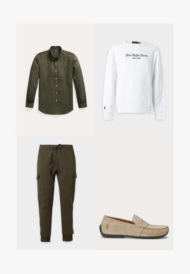Λευκό φούτερ με μακρύ μανίκι, με το "Polo Ralph Lauren New York" κεντημένο στο στήθος και μικρό μαύρο λογότυπο στο αριστερό μανίκι.; Πουκάμισο μακρυμάνικο, ελιάς πράσινο, με κουμπιά και γιακά με κουμπιά, και μικρό μπλε κέντημα με λογότυπο στο αριστερό στήθος.; Σκούρα πράσινο cargo παντελόνι jogger με κορδόνι στη μέση, πλαϊνές τσέπες με καπάκι, ριμπ μανσέτες στους αστραγάλους και λεπτομέρειες ραφής στα γόνατα σε μονόχρωμο φόντο.; Μπεζ σουέτ μοκασίνια με ραμμένο σχέδιο, επίπεδη καουτσούκ σόλα και μικρό λογότυπο στο πλάι. Κλασικός σχεδιασμός που φοριέται εύκολα, μαλακή υφή.