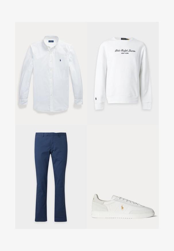 Biela mikina s dlhým rukávom s vyšitým "Polo Ralph Lauren New York" na hrudi a malým čiernym logom na ľavom manžete.; Biela košeľa s dlhým rukávom, gombíkmi a golierom, vyšívané logo Polo Ralph Lauren na ľavej strane hrude.; Tmavomodré rovné nohavice s pútkami na opasok a predným zipsom, zobrazené na jednoduchom svetlom pozadí.; Biela nízka teniska so šnurovaním, zlaté logo Polo Ralph Lauren na boku a textúrovaná podrážka na jednofarebnom pozadí.