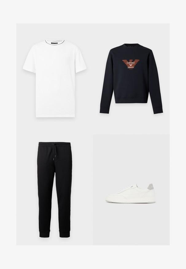 Sweat-shirt noir à manches longues avec un col rond, featuring un grand logo Emporio Armani et le texte "EMPORIO ARMANI MILANO" au centre devant.; T-shirt blanc uni à manches courtes et col rond, avec une petite étiquette noire Michael Kors à l'intérieur du col.; Pantalons de jogging noirs en tissu doux avec une taille élastique et un cordon de serrage. Présente des jambes fuselées avec des poignets côtelés.; Baskets basses blanches avec un onglet de talon gris, des lacets blancs et une semelle texturée, présentées sur un fond uni clair.