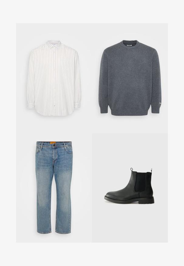 Suéter de lana de cuello redondo en gris oscuro, con puños y dobladillo acanalados, textura de punto liso y pequeño detalle de logo blanco en el puño de la manga izquierda.; Camisa de botones en rayas blancas y beige claro, de mangas largas, con bolsillo en el lado izquierdo del pecho, cuello clásico, de tela ligera.; Jeans de mezclilla azul claro con corte recto, que cuentan con cinco bolsillos, cierre de botón y etiqueta de la marca naranja en la cintura.; Botas Chelsea de cuero negro con paneles laterales elásticos, lengüetas para tirar, puntera redondeada y suela de goma texturizada. Superficie lisa y diseño robusto.