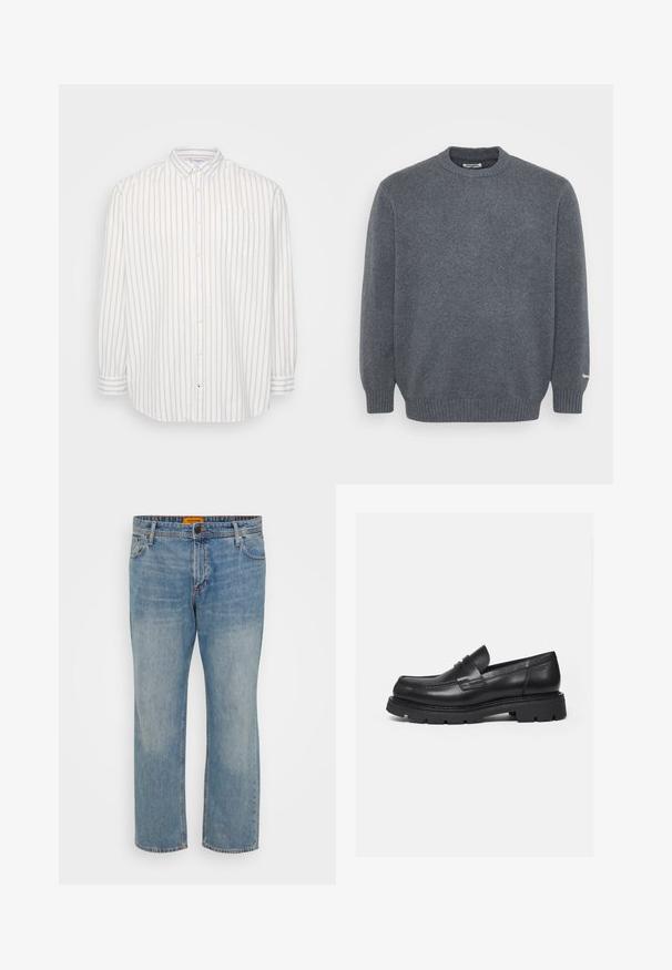 Suéter de lana de cuello redondo en gris oscuro, con puños y dobladillo acanalados, textura de punto liso y pequeño detalle de logo blanco en el puño de la manga izquierda.; Camisa de botones en rayas blancas y beige claro, de mangas largas, con bolsillo en el lado izquierdo del pecho, cuello clásico, de tela ligera.; Jeans de mezclilla azul claro con corte recto, que cuentan con cinco bolsillos, cierre de botón y etiqueta de la marca naranja en la cintura.; Mocasín negro de cuero con suela gruesa y acanalada y detalle de tira para moneda, mostrado en perfil lateral derecho sobre fondo blanco.