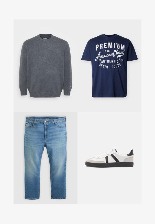 Pull en laine gris foncé à col rond, avec des poignets et un ourlet côtelés, texture tricotée unie, et petit logo blanc sur le poignet gauche.; T-shirt bleu marine à manches courtes avec texte blanc : "PREMIUM 1990 American Classic Authentic Denim Goods" sur le devant.; Jean en denim bleu clair avec cinq poches, fermeture par bouton, et détails délavés sur les cuisses et les genoux, posé à plat sur un fond blanc.; Baskets blanches avec des accents noirs et gris, présentant un embout texturé gris, une semelle en caoutchouc noir et des lacets plats blancs. Design épuré, style minimaliste.