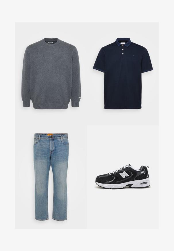 Mørkegrå uldtrøje med rund hals, ribbede manchetter og kant, ensfarvet strikstruktur og lille hvidt logo på venstre manchetkant.; Marineblå polo shirt lavet af blødt stof, med klassisk krave, tre-knap lukning og kontraststribede detaljer på ærmerne.; Lyseblå denim jeans med lige ben, der har fem lommer, knaplukning og orange mærke på taljebåndet.; Sorte og grå sportssko med mesh og ruskind på overdelen, der har en hvid mellemsål, snørebånd og et iøjnefaldende "N" logo på siden.