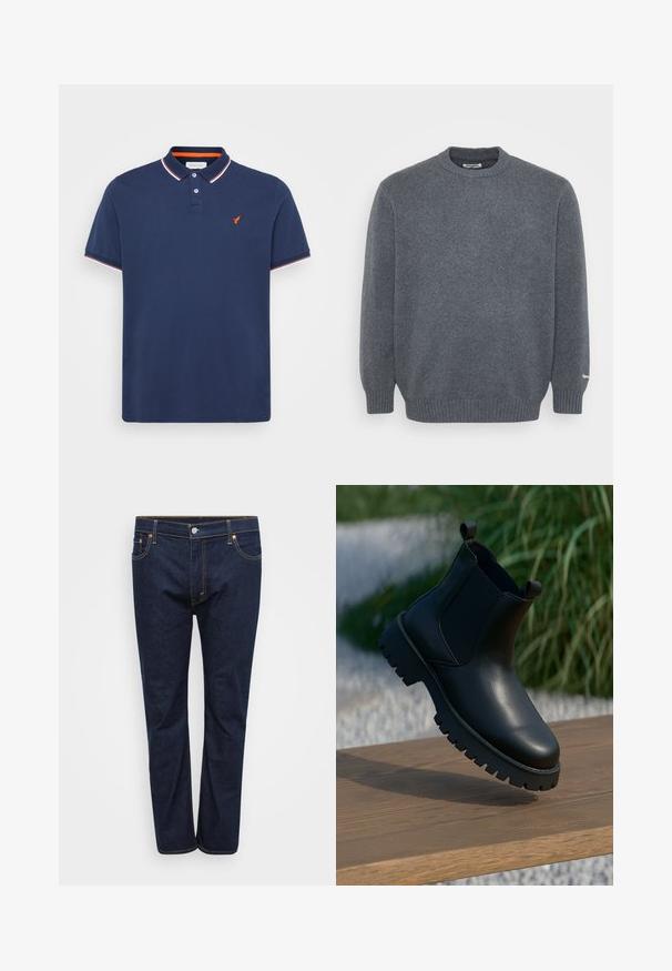 Pull en laine gris foncé à col rond, avec des poignets et un ourlet côtelés, texture tricotée unie, et petit logo blanc sur le poignet gauche.; Polo shirt bleu marine en coton avec une patte de boutonnage à deux boutons, des manches courtes et des finitions de col en rouge et blanc contrastés. Présente un petit logo orange.; Jean en denim bleu foncé à jambe droite, avec des coutures visibles en jaune contrasté, cinq poches et une fermeture à bouton à l'avant.; Bottes en cuir noir à la cheville avec panneaux latéraux élastiques, bout rond et semelle épaisse, exposées sur une surface en bois.