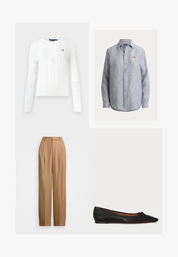 Weißer Cable-Knit-Pullover, runder Ausschnitt, lange Ärmel, gerippter Saum. Verfügt über ein kleines, marines Logo auf der Brust und ein strukturiertes Muster über das gesamte Kleidungsstück.; Langärmliges Hemd zum Knöpfen mit vertikalen marineblauen und weißen Streifen, klassischem Kragen und kleinem roten gesticktem Logo auf der Brust.; Beige maßgeschneiderte Hose mit hoher Taille, gefalteter Vorderseite, schmal zulaufenden Beinen und aufgerollten Säumen. Glattes Material mit einer feinen Textur.; Schwarze Leder-Ballerinas mit spitzem Zeh, schlanker Silhouette und einem kleinen Schleifendetail an der Vorderseite. Glatte Textur und minimalistisches Design.