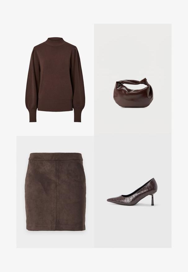 Brun langærmet sweater med høj ribstrikket krave, pufærmer og brede ribstrikkede manchetter og kant.; Brun ruskind mini-nederdel med en glat tekstur, tætsiddende design og en flad talje, der har lodrette sømme for struktur.; Brune kunstlæder stiletter med spidse tæer og krokodilletekstur, der har en slank, vinklet hæl og en glat inderside.; Mørkebrun læder skuldertaske med en blød, afslappet form og et snoet knudehåndtag på en ensartet hvid baggrund.