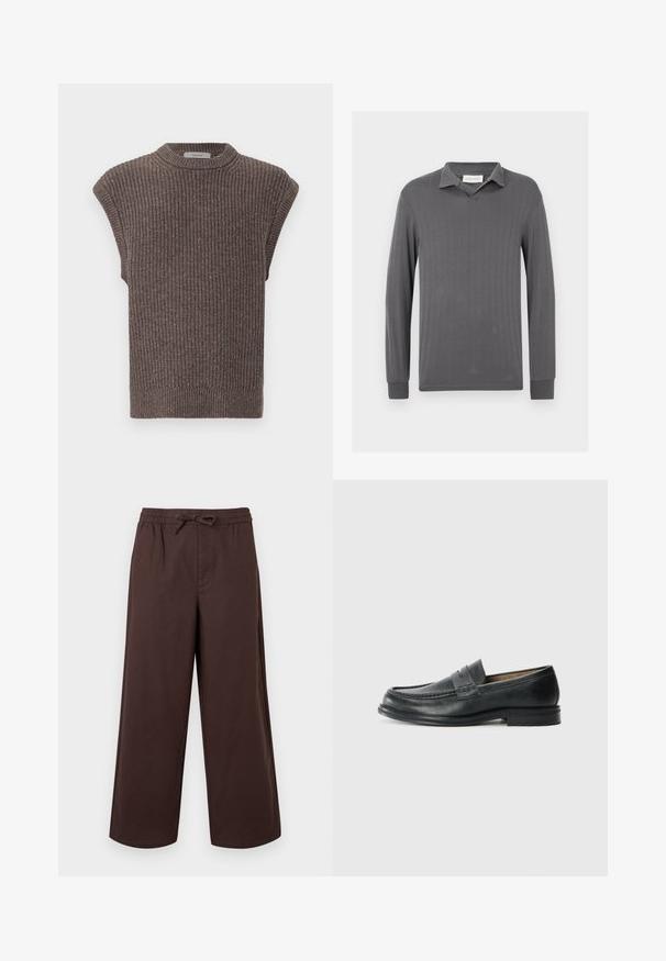 Grå langærmet poloshirt med lodret ribbet struktur, en hakket krave og knapfri slidse. Blødt stof med tætsiddende ærmer.; Brun strikket ærmeløs top med ribbet tekstur, høj krave og sideslidser. Har en tætsiddende kant og blødt stof.; Brune bukser med brede ben, elastisk taljebånd og snøre foran, lavet af glat stof.; Sorte læder loafers med et klassisk design, der har en syet detalje ved tåen og en lav, tekstureret gummisål.