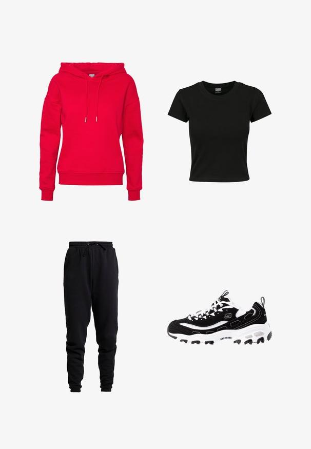 Sudadera con capucha roja hecha de una mezcla de algodón. Presenta un bolsillo canguro frontal, cordones, puños y cintura acanalados. Textura suave.; Camiseta negra de manga corta fabricada en algodón suave, con un cuello redondo y un corte ajustado. Sin patrones ni acentos visibles.; Pantalones de chándal negros hechos de tejido suave, con una cinturilla elástica con cordón, piernas ajustadas y puños acanalados.; Zapatilla deportiva en blanco y negro con parte superior de ante, cuello acolchado y suela ligera. Presenta un logotipo prominente y detalles de costura en contraste.
