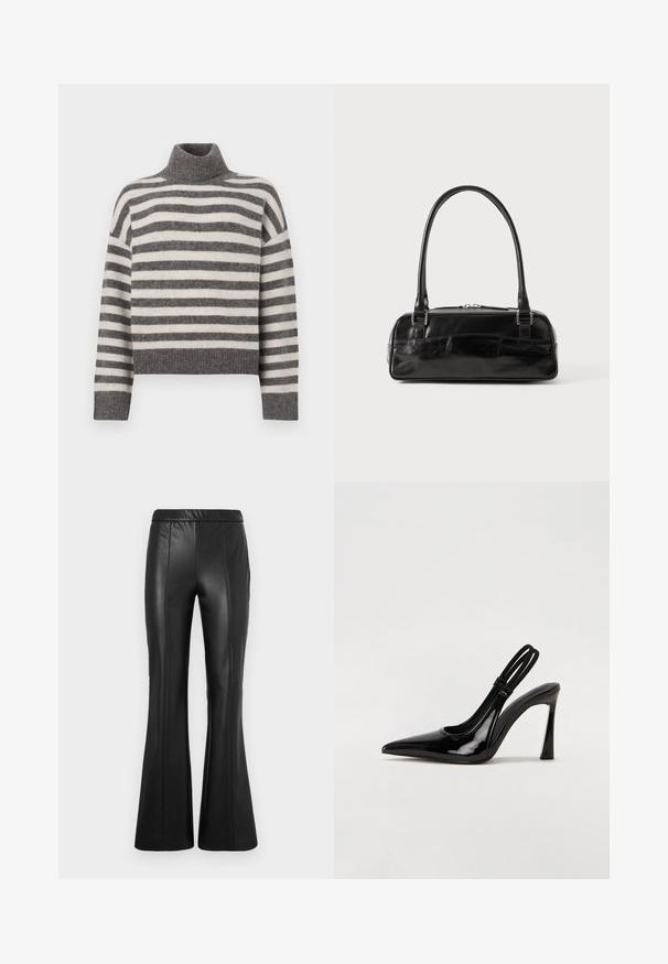 Stripet turtleneck sweater i grå og creme. Blødt materiale med en afslappet pasform, der har ribbede detaljer ved kraven og kanten.; ONLY ONLJESSIE PANTS - Bukser - black; Sorte patenterede lædersædler med spidse tæer, slank høj hæl og dobbelt elastisk rem for sikker pasform. Glat, skinnende overflade.; Sort læderhåndtaske med rektangulær form, der har et enkelt struktureret håndtag, sølvhardware og lynlås-lukning. Glat tekstur.