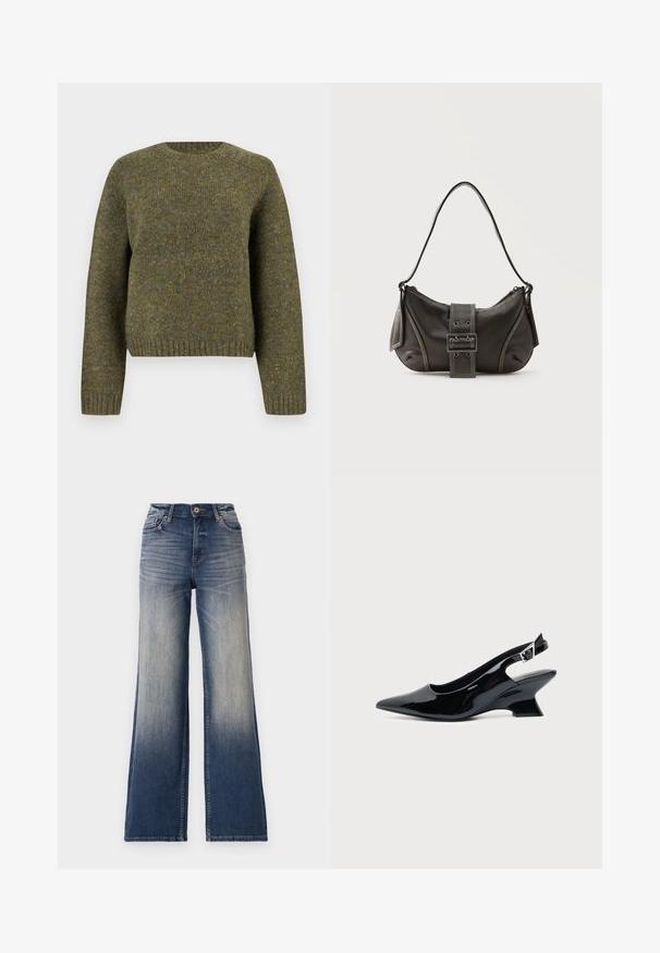 Grøn uldtrøje med rund hals, ribbede manchetter og kant, tekstureret stof og en let løs pasform.; Højtaljede vidde ben jeans i lys til mørkeblå denim med falmende farve, med knaplukning og bæltestropper. Ren kant og ingen synlige pynt.; Sort laklæder slingback sko med spids tå og lav vinklet blokhæl på ensartet lys baggrund.; Sort læder skuldertaske med spænde på remmen, afrundede kanter og kontrasterende hvide syninger på en ensfarvet baggrund.