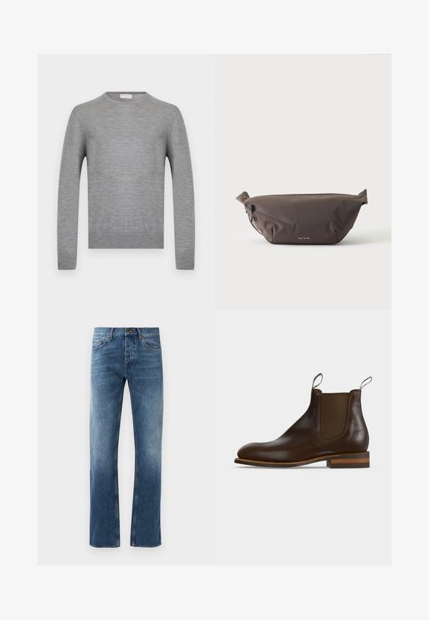 Lysegrå langærmet crewneck-trøje i fint strikket stof med ribstrikkede manchetter og kant, vist på ensfarvet hvid baggrund.; Blå denim jeans med lige ben design, falmede vask, fem lommer og kontrastsyning. Knap- og lynlås-lukning i taljen.; Mørkebrun læder Chelsea-støvle med elastisk sidepanel, trækstropper foran og bagpå, lav stablet hæl og rundet snude.; Mørkebrun stof talje taske med diagonalt lynlåslomme og lille hvidt logo på fronten, sat mod en ensfarvet lys baggrund.