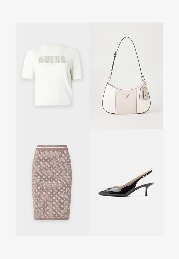 Witte korte mouw trui van gebreid materiaal met het "GUESS"-logo in zilver en daaronder "EST. 1981". Gladde textuur en aangesloten pasvorm.; Brede gebreide kokerrok in lichtbruin met een patroonontwerp in crème, voorzien van een geribbelde tailleband met een contrasterende lijn. Glad textuur.; Zwarte lakleren slingback hak met spitse neus, kleine kittenhak en zilveren gespsluiting op een effen witte achtergrond.; Witte handtas met een textuur en een gebogen vorm, voorzien van een zwarte schouderband, gouden accenten en merklabels bevestigd.