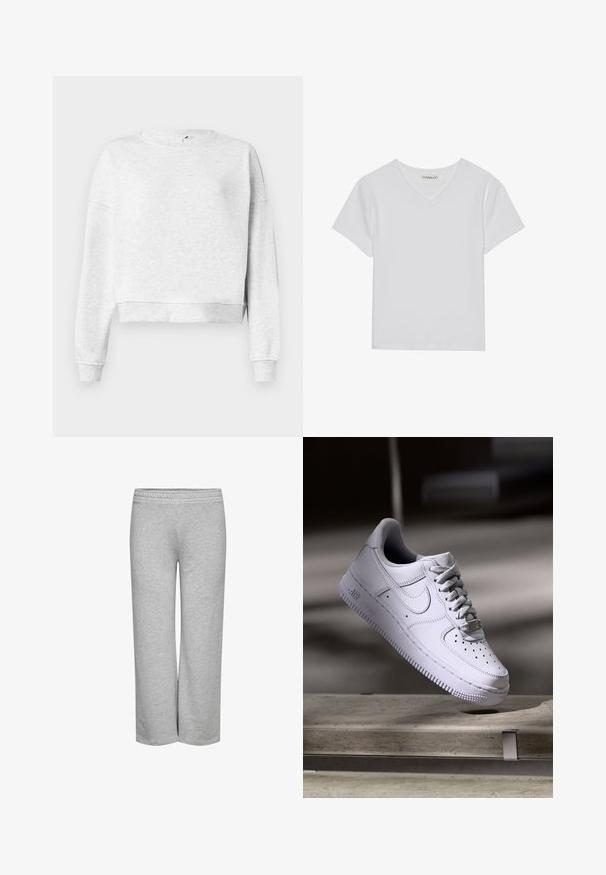 Grå bomulds sweatshirts med rund halsudskæring, dropped skuldre og ribbetræk. Har en cropped kant og blødt, tekstureret stof.; Hvid kortærmet V-hals t-shirt lavet af ribbet stof. Har et rent design med en lige kant og minimal detaljer.; Grå sweatpants med bred bendesign, blød tekstur og elastisk talje, uden synlige mønstre eller hardwaredetaljer.; Hvid Nike Air Force 1 sneaker svævende over en betonoverflade med skygger i et minimalistisk miljø.