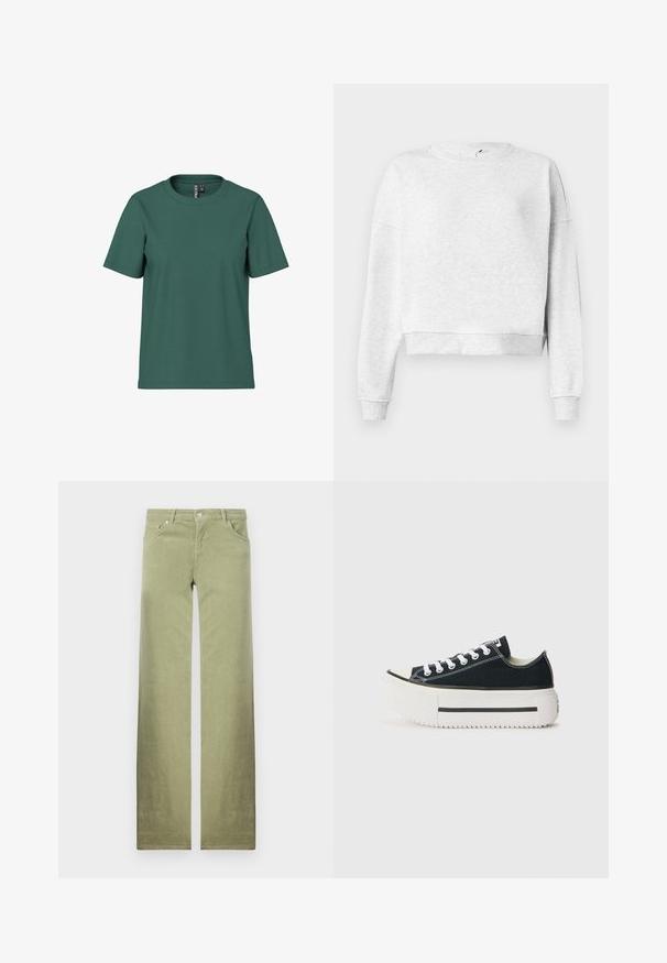 Sweatshirt en coton gris avec un col rond, des épaules descendues et des poignets côtelés. Présente un ourlet court et un tissu doux et texturé.; T-shirt à manches courtes en coton vert foncé avec un col ras du cou. Design simple et dépouillé avec une coupe décontractée. Texture douce, sans motifs.; Pantalons en coton vert avec une coupe droite, dotés de poches avant, d'une fermeture à bouton et d'une finition en tissu texturé et épurée.; Baskets en toile noires avec une semelle en caoutchouc blanc, présentant une épaisse plateforme, des lacets blancs et des coutures contrastées le long des coutures.