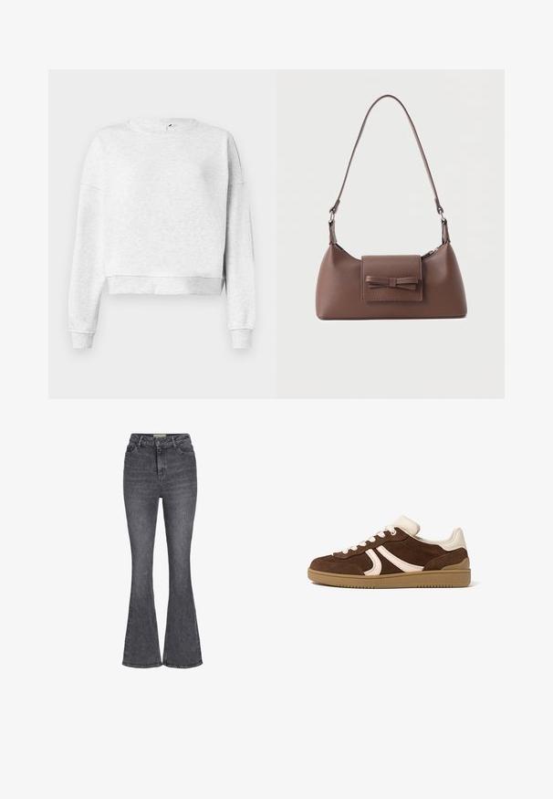 Sweatshirt en coton gris avec un col rond, des épaules descendues et des poignets côtelés. Présente un ourlet court et un tissu doux et texturé.; Jeans évasés taille haute en denim gris foncé, avec un design classique à cinq poches, fermeture à bouton et un léger effet délavé.; Baskets en daim brun avec accents crème, lacets blancs et semelle en caoutchouc gomme, vues de profil extérieur sur fond blanc.; Sac à bandoulière en cuir marron avec une poche à rabat avant ornée d'un détail en forme de nœud cousu et une sangle réglable.