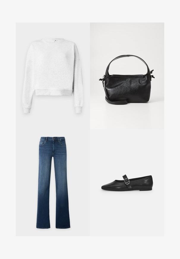 Sweatshirt en coton gris avec un col rond, des épaules descendues et des poignets côtelés. Présente un ourlet court et un tissu doux et texturé.; Jean bleu taille haute à jambes droites avec fermeture à bouton et à glissière, poches avant et arrière, présenté sur un fond uni clair.; Chaussure plate en cuir noir avec un bout arrondi, une seule sangle réglable à boucle et une texture lisse et brillante. Design minimaliste avec un petit talon.; Sac à main en cuir noir au design structuré, avec une poignée arrondie et une bandoulière amovible. Présente une texture lisse et un éclat subtil.