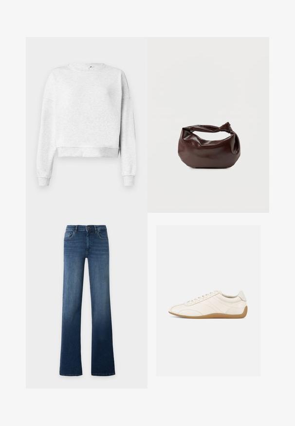 Grauer Baumwoll-Sweatshirt mit Rundhalsausschnitt, überschnittenen Schultern und gerippten Bündchen. Mit einem verkürzten Saum und weichem, strukturiertem Material.; Blaue High-Waist-Jeans mit geradem Bein, Knopf- und Reißverschluss, Vorder- und Gesäßtaschen, auf schlichtem, hellem Hintergrund dargestellt.; Weißer Ledersneaker mit glatter Textur, abgerundetem Zehenbereich und tonalen Nähten. Verfügt über eine braune Gummisohle und eine Schnürverschluss.; Dunkelbraune Lederschultertasche mit weicher, lockerer Form und einem gedrehten Knotengriff vor schlichtem weißem Hintergrund.
