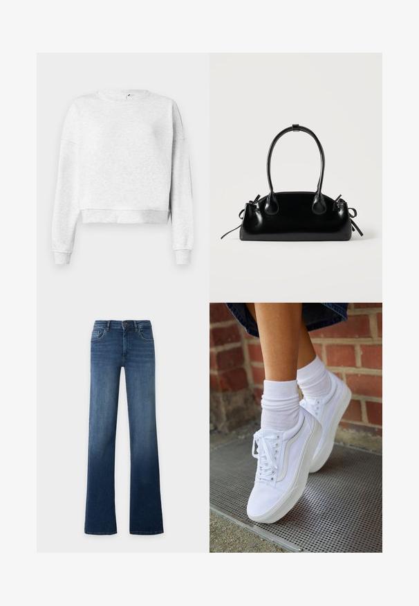 Grauer Baumwoll-Sweatshirt mit Rundhalsausschnitt, überschnittenen Schultern und gerippten Bündchen. Mit einem verkürzten Saum und weichem, strukturiertem Material.; Blaue High-Waist-Jeans mit geradem Bein, Knopf- und Reißverschluss, Vorder- und Gesäßtaschen, auf schlichtem, hellem Hintergrund dargestellt.; Weiße Leinensneaker mit Gummisohlen, ausgestattet mit sechs Ösen, runder Zehenpartie und dezenten Nähten, kombiniert mit weißen Knöchelsocken.; Kleine schwarze glänzende Handtasche mit zwei langen Griffen und seitlichen Kordelzug-Details vor einfachem hellem Hintergrund.