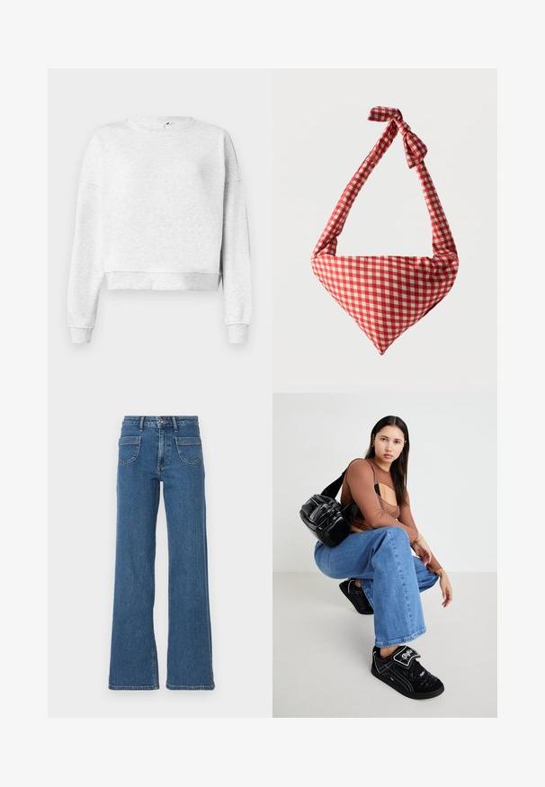 Grijze katoenen sweatshirt met een ronde halslijn, verlaagde schouders en geribbelde manchetten. Heeft een cropped zoom en een zachte, textuurstof.; Blauwe denim wijde jeans met een hoge taille, vijf zakken, sluiting met een knop aan de voorkant en een licht vervaagde afwerking. Gestikte zomen en naden zijn zichtbaar.; Zwarte schoudertas met meerdere ritszakken, bruine blouse met lange mouwen met een uitsnijdingen ontwerp, en blauwe wijde jeans met rafelige zoom.; Zachte stoffen schoudertas met rood-wit geruit patroon, geknoopte handgreep en driehoekige vorm tegen een effen achtergrond.