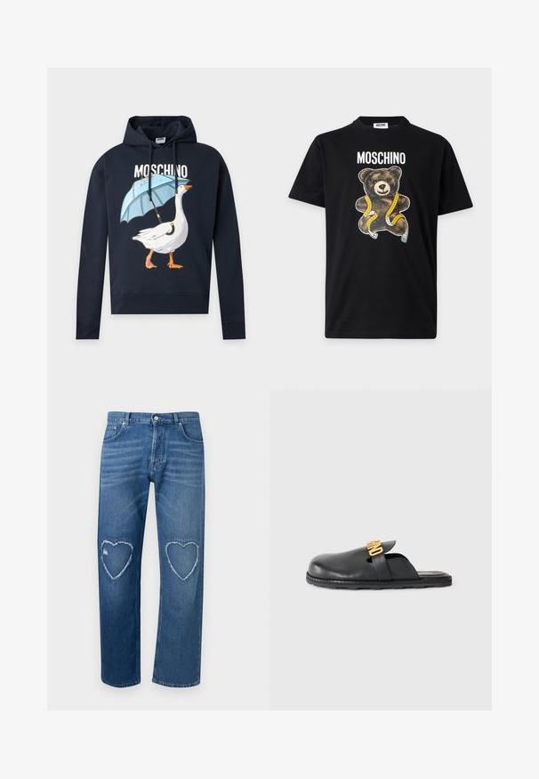 Zwarte Moschino-hoodie met een afbeelding van een witte gans die een blauwe paraplu vasthoudt en de merknaam erboven in witte letters.; Zwart Moschino T-shirt met een tekening van een teddybeer ingepakt in een geel meetlint en de merknaam erboven gedrukt.; Blauwe spijkerbroek met hoge taille, rechte pijpen en versleten hartvormige uitsparingen op beide knieën.; Zwarte leren instapschoenen met een gouden decoratieve band en een lage, gestructureerde rubberen zool op een effen achtergrond.