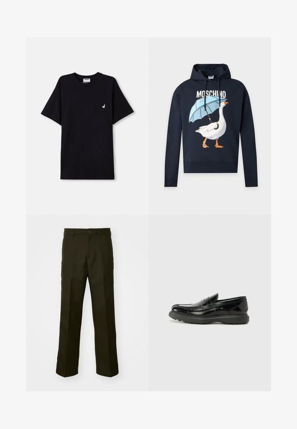 Sort Moschino-hoodie med en grafik af en hvid gås, der holder en blå paraply, og brandnavnet ovenover i hvide bogstaver.; Sort bomulds T-shirt med korte ærmer, med en lille broderet gåseaccent på brystet og rund halsudskæring.; The Kooples PANTALON - Bukser - kaki; Sort læderloafer med en blank finish, rund tå, subtile syninger og en tyk gummisål for holdbarhed.
