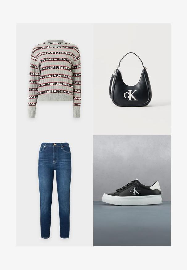 Grå strikket sweater med et mønster af vekslende "JOOP! JEANS"-tekst i sorte og røde striber, med ribstrikket rund halsudskæring og ærmekanter.; Mørkeblå denimjeans med høj talje, tapered ben og knaplukning. Har subtil falmning og ingen synlige mønstre eller udsmykninger.; Sort-hvid Calvin Klein sneaker med logo på siden, svævende over et udendørs gulv beklædt med træ og stenfliser.; Sort skuldertaske i læder med sølvfarvet "cK" logo, buet silhuet, kort håndtag og aftagelig længere strop på ensfarvet baggrund.