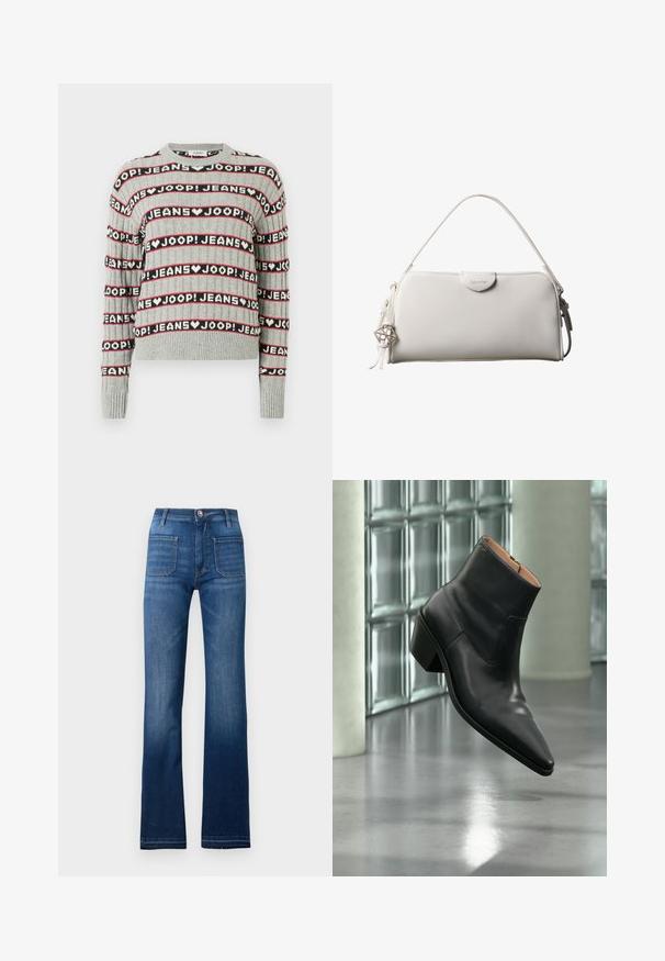Pull gris en maille présentant un motif alterné de texte "JOOP! JEANS" en rayures noires et rouges, avec un col rond et des poignets côtelés.; Jean en denim bleu évasé avec un design à cinq poches, une fermeture à bouton et des coutures visibles le long des bords, avec une finition légèrement décolorée.; Bottine en cuir noir avec un bout pointu et un talon carré lévitant au-dessus d'un sol gris réfléchissant près d'un mur en blocs de verre.; Sac à main rectangulaire blanc Calvin Klein avec une seule poignée, design minimaliste et pampilles décoratives avec un charm métallique géométrique sur le côté.
