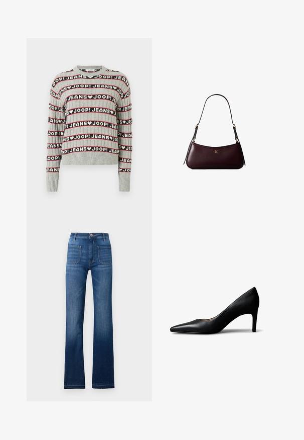 Grå strikket sweater med et mønster af vekslende "JOOP! JEANS"-tekst i sorte og røde striber, med ribstrikket rund halsudskæring og ærmekanter.; Blå denim flared jeans med fem lomme-design, knaplukning og synlige sømme langs sømmene, med en let falmet finish.; Sort damesko i læder med spids snude og mellemhøj hæl, vist fra siden på en hvid baggrund.; Mørk bordeaux læderhåndtaske med en tynd sort skulderrem og lille gyldent "cK" logo foran i midten.