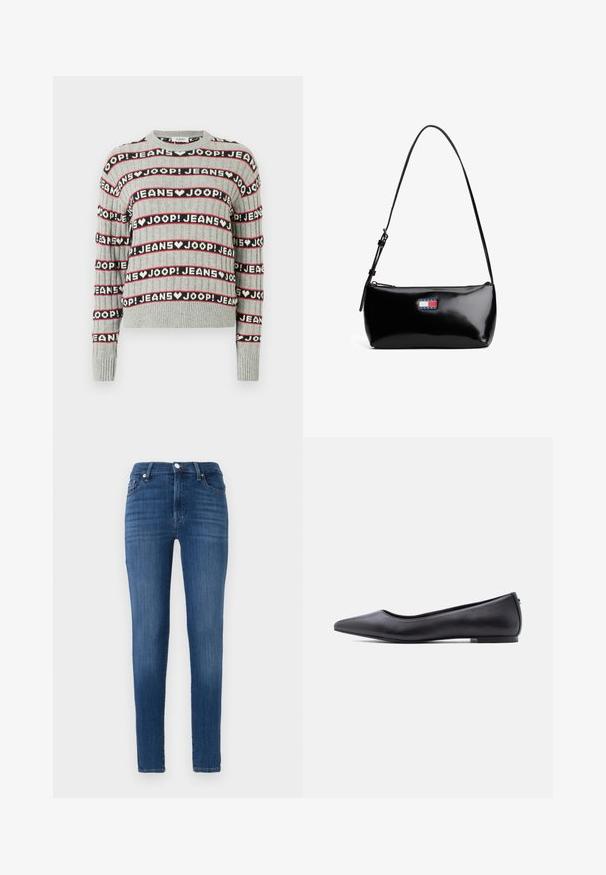 Grå strikket sweater med et mønster af vekslende "JOOP! JEANS"-tekst i sorte og røde striber, med ribstrikket rund halsudskæring og ærmekanter.; Slanke jeans lavet af mørkeblå denim. Har høj talje, forlommer og subtil falming. Lige benudskæring med søm.; Sort flad lædersko med spidst tåparti og lav hæl, vist i sideprofil mod en hvid baggrund.; Sort patenteret læder skuldertaske med en buet rem, lynlåslukning og et rektangulært logo patch i rød, hvid og blå.